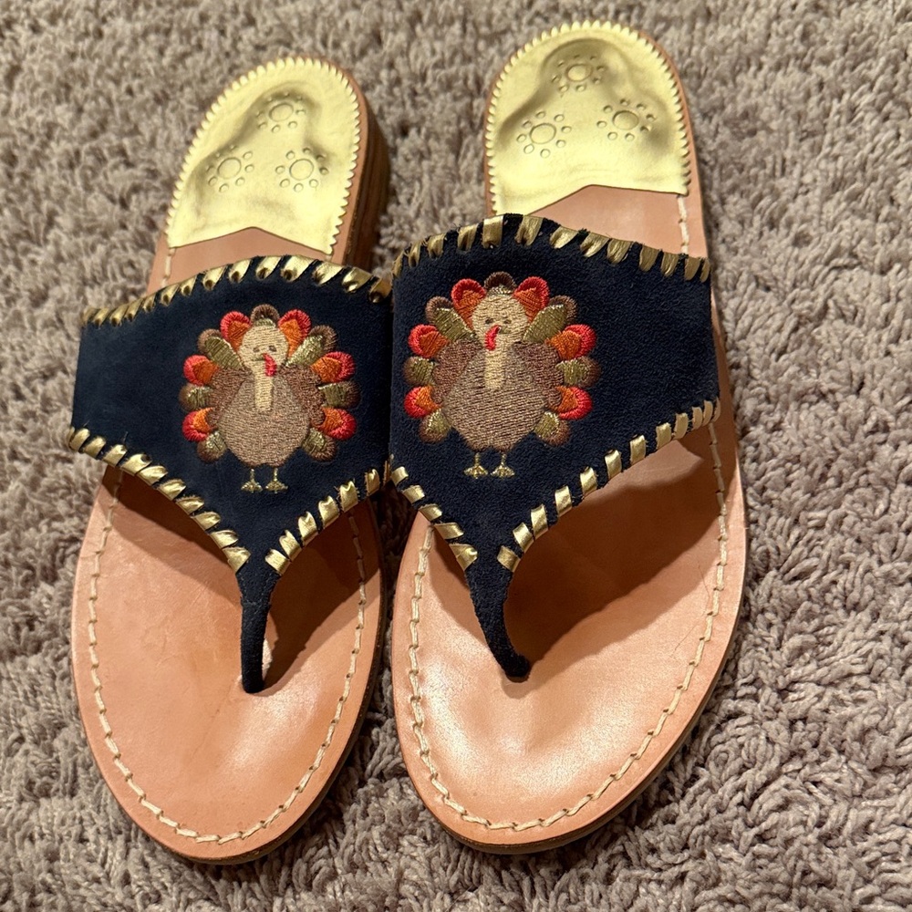 Jack rogers Embroidered Turkey holiday thanksgiving Sandals 10 gold navy suede